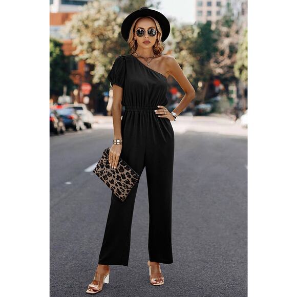 Supreme Fashion Jumpsuit Womens L Black One Shoulder High Waist Fit Chic NWT - Picture 3 of 7